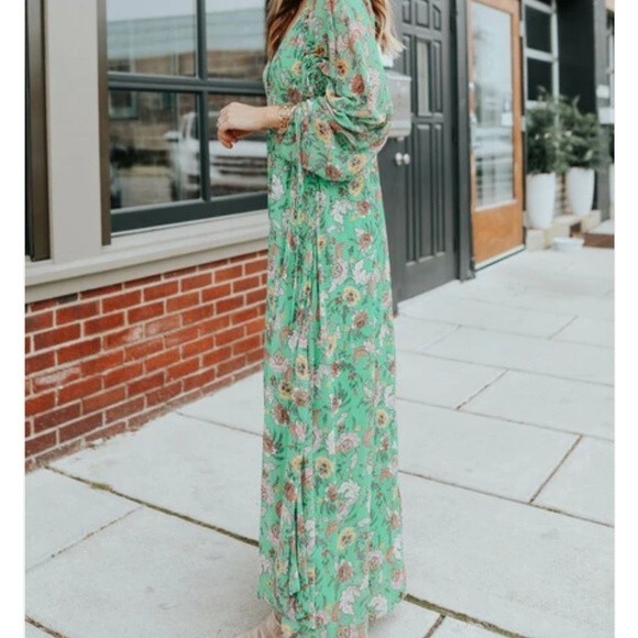 Free People Earthfolk Button Front V-neck Ruched Sleeve Maxi Floral Print Dress - Picture 15 of 15